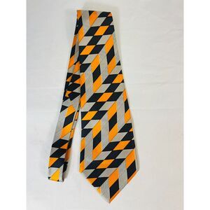 Cote D'argent Paris Silk French Mod Orange Black Gray Silver Geometric Tie